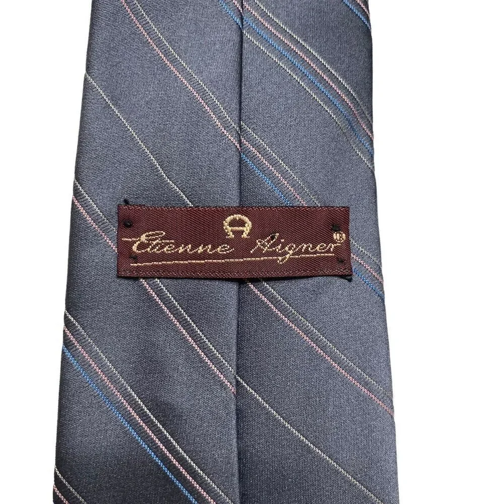 Vintage Etienne Aigner Necktie Mens Tie Silk Gray Striped Office Preppy